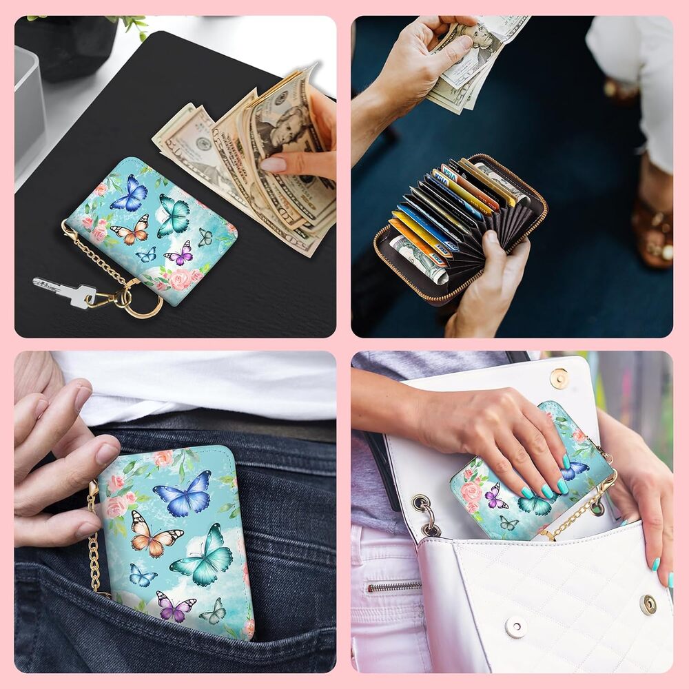 Wallet, RFID Blocking, Cash Credit Business Card Slots Zipper Keychain (Blue) - Picture 4 of 5